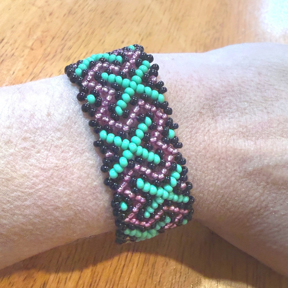 Handmade Beaded Cuff Bracelet Green Purple Black Geometric Woven Boho 7 Inch